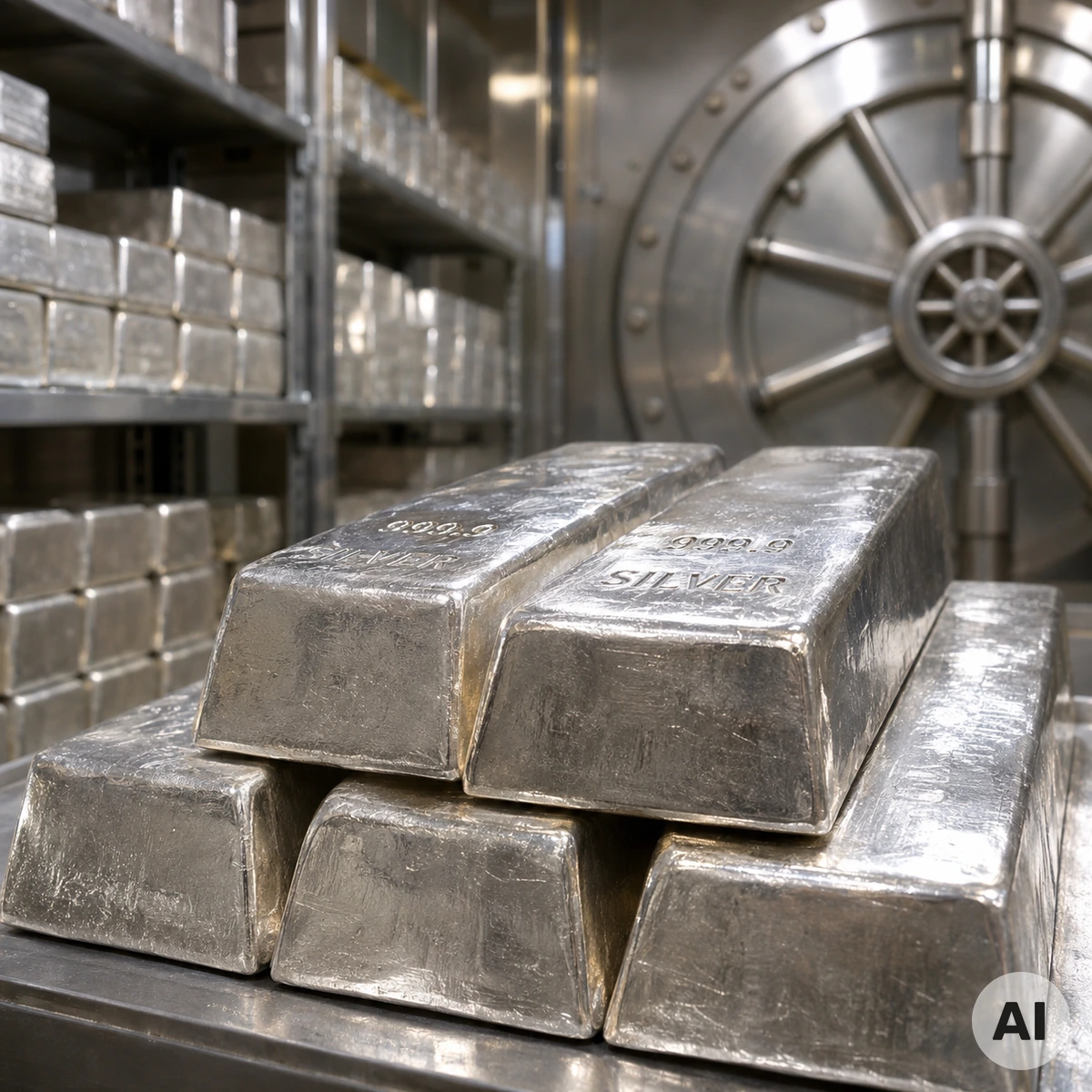 Silberlagerbestände 2026 in London und New York Silberbarren in einem gesicherten Edelmetalltresor als Symbol für die Silberlagerbestände in London und New York