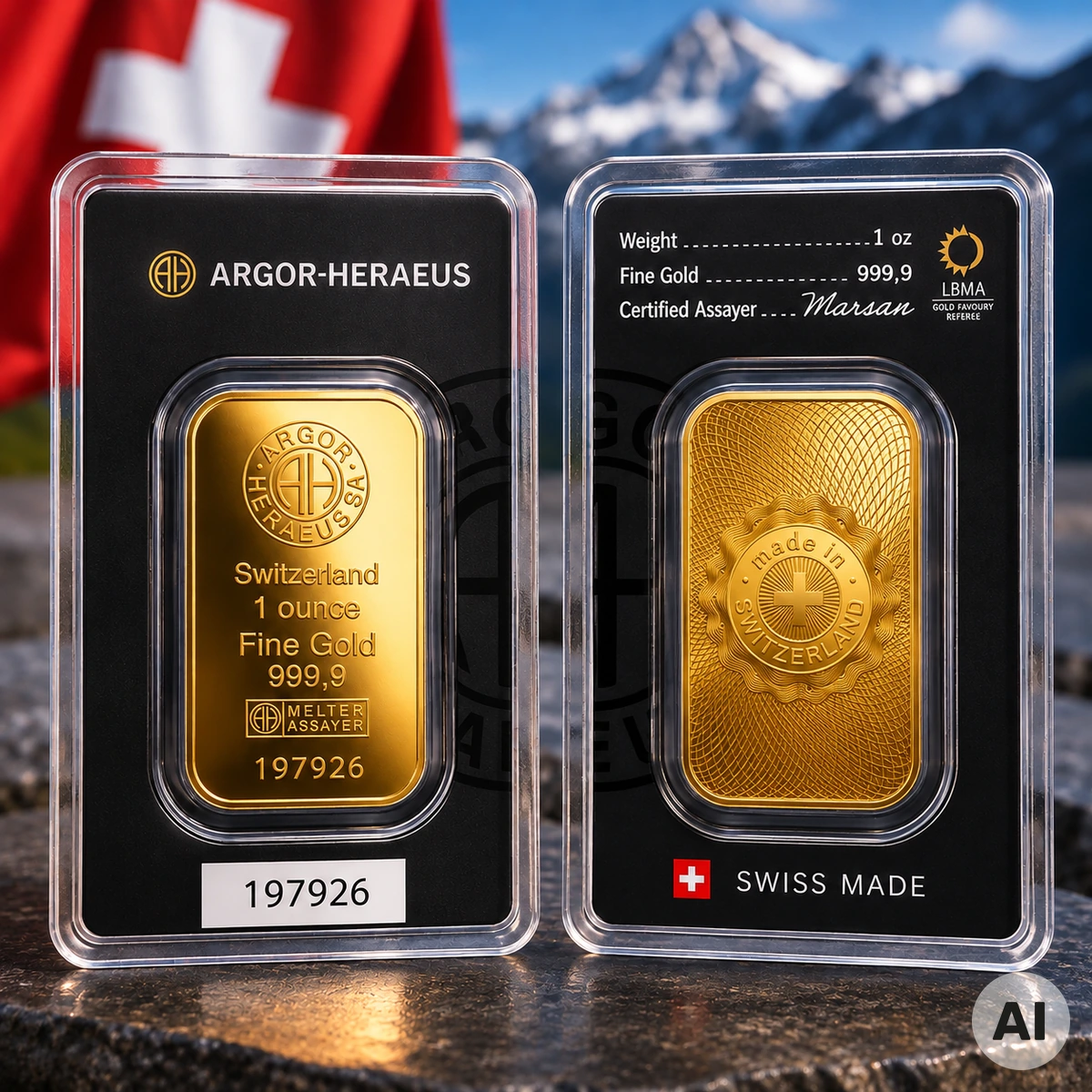 Argor-Heraeus Goldbarren 2026 mit Vorderseite und neuer Guilloché-Rückseite, Schweizer Kreuz und Seriennummer 197926