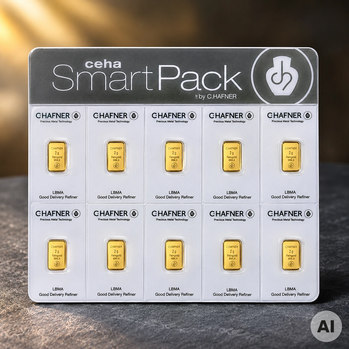 C.HAFNER ceha SmartPack 10 x 2 g Goldbarren mit einzeln abtrennbaren Zertifikaten 10 x 2 g ceha SmartPack von C.HAFNER mit zehn einzeln zertifizierten Goldbarren zu je 2 Gramm Feingold 999,9