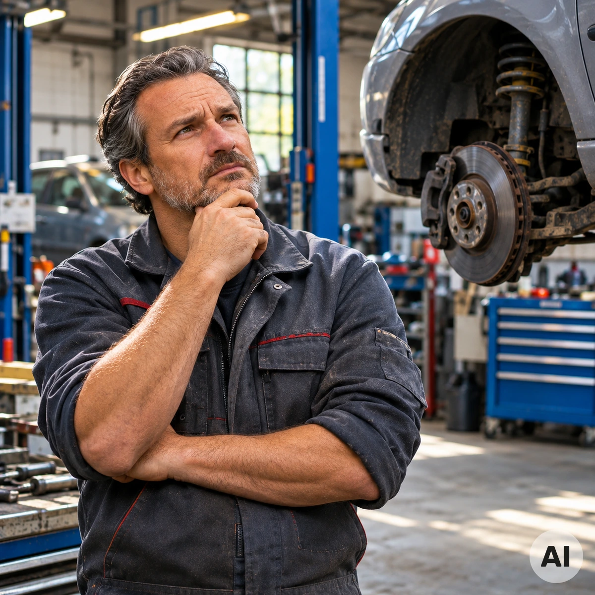 Älteres reparaturbedürftiges Auto auf einer Hebebühne in einer unabhängigen Kfz-Werkstatt
