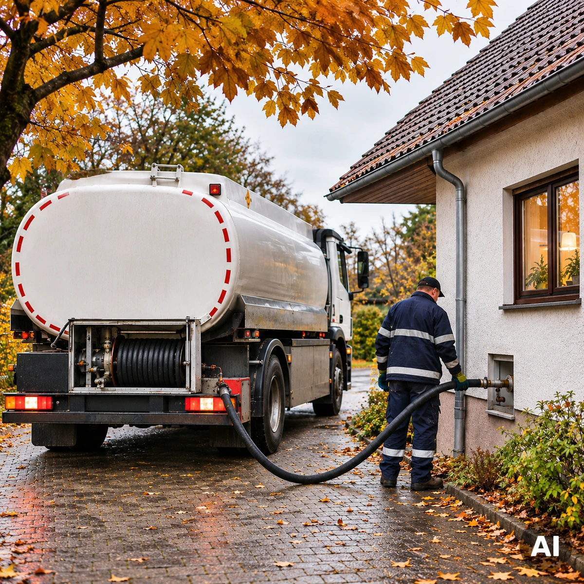 Heizöltankwagen bei der Belieferung eines Wohnhauses im Herbst als Symbol für steigende Heizölpreise und Versorgungsrisiken im Oktober 2026