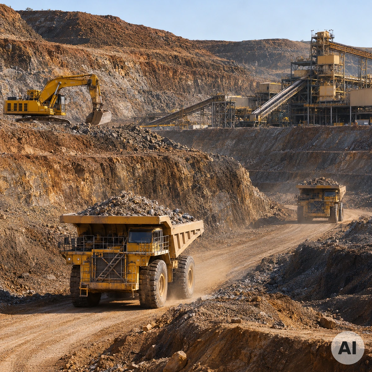 Große Goldmine im Tagebau mit schweren Muldenkippern, Förderanlagen und energieintensivem Gesteinstransport