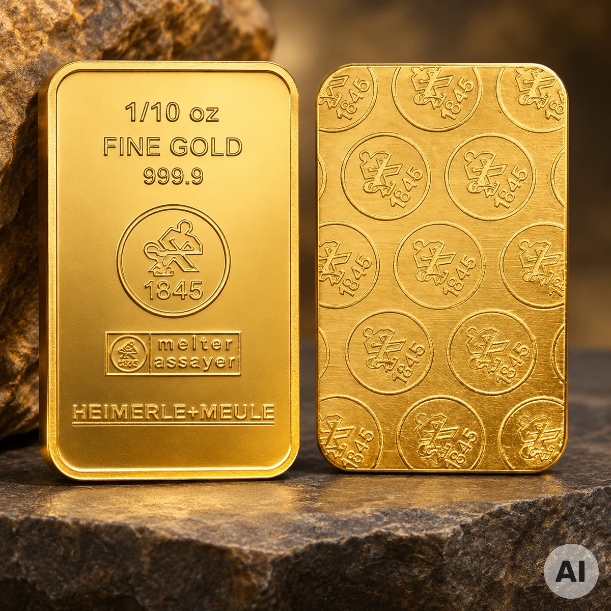 Geprägter 1/10 oz Goldbarren von Heimerle + Meule aus 999,9 Feingold in rechteckiger Form