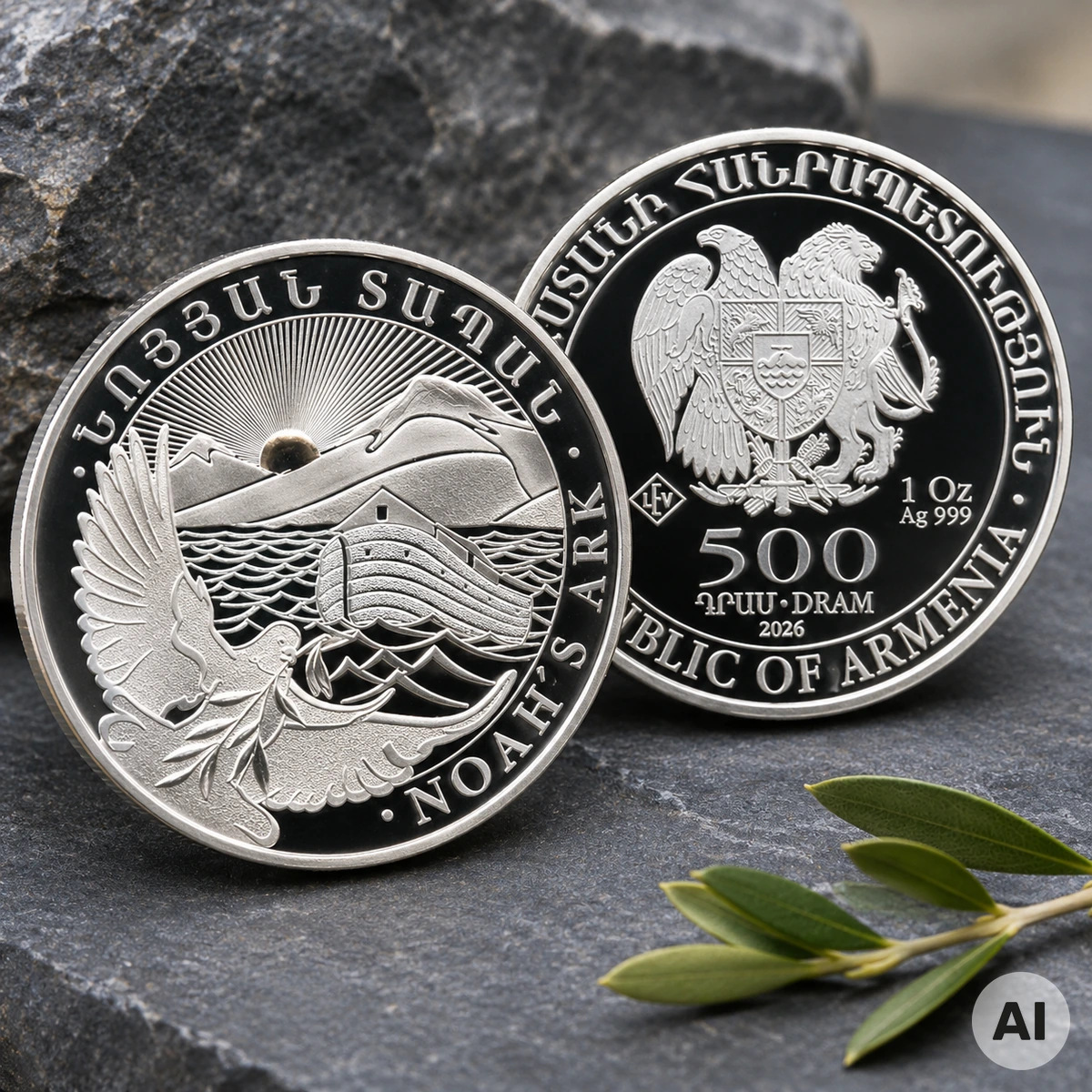 1 oz Arche Noah Silbermünze 2026 aus Armenien mit Arche, Berg Ararat und Taube mit Olivenzweig