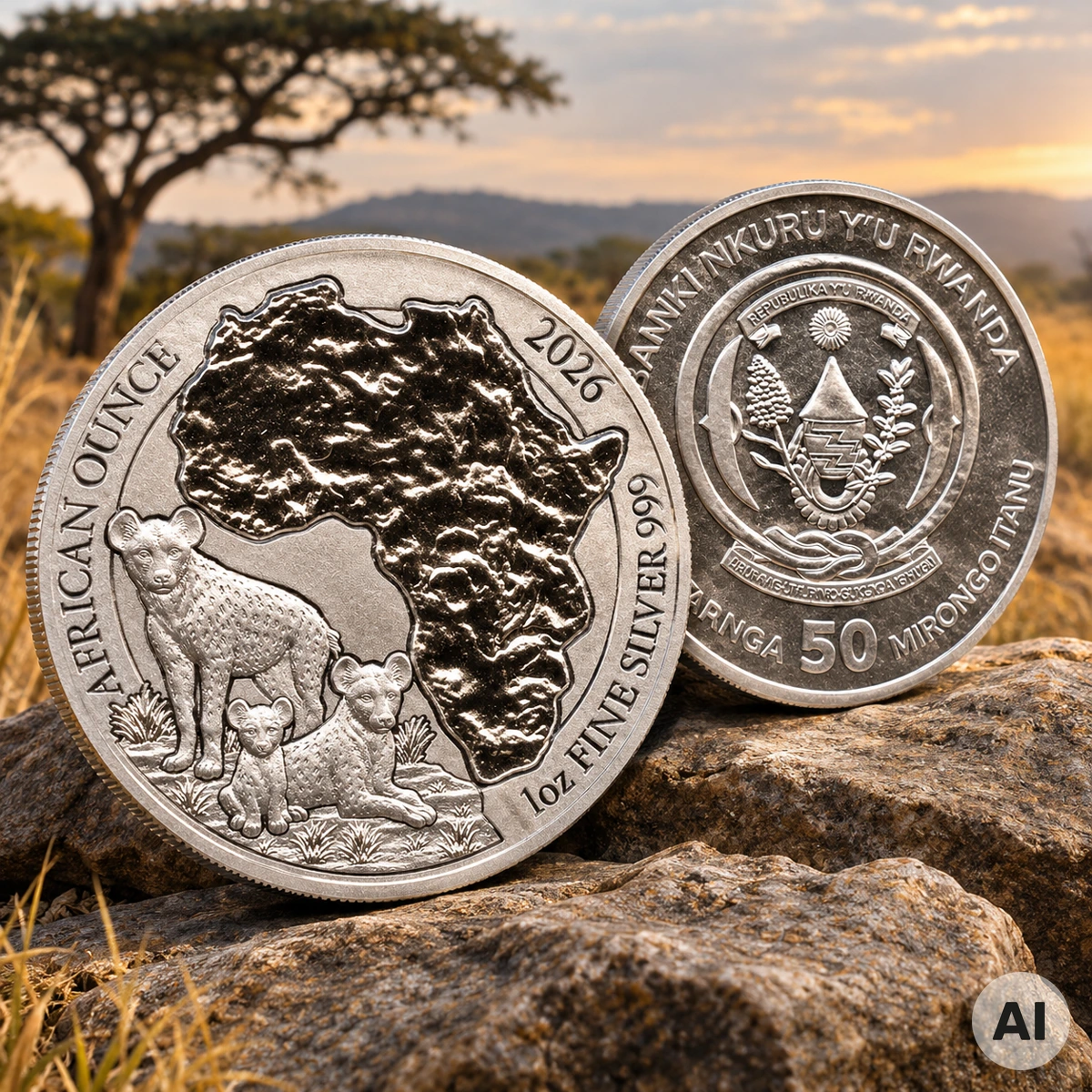 1 oz Ruanda Hyäne 2026 Silbermünze African Ounce mit Tüpfelhyänenfamilie und afrikanischem Kontinent