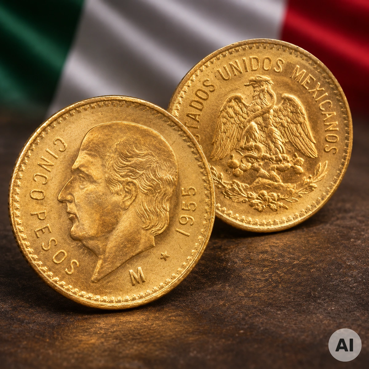 5 Pesos Mexiko Goldmünze mit dem Porträt von Miguel Hidalgo und dem mexikanischen Staatswappen