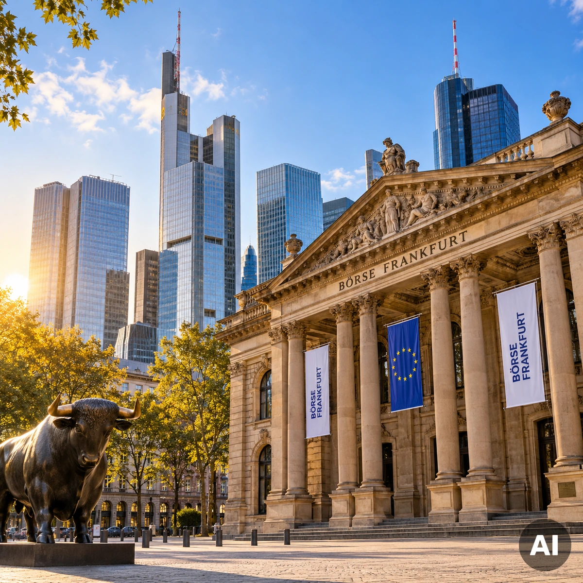 Frankfurter Börsenviertel mit modernen Bankhochhäusern als Symbol für die bevorstehenden Zinsentscheidungen und die Entwicklung des DAX