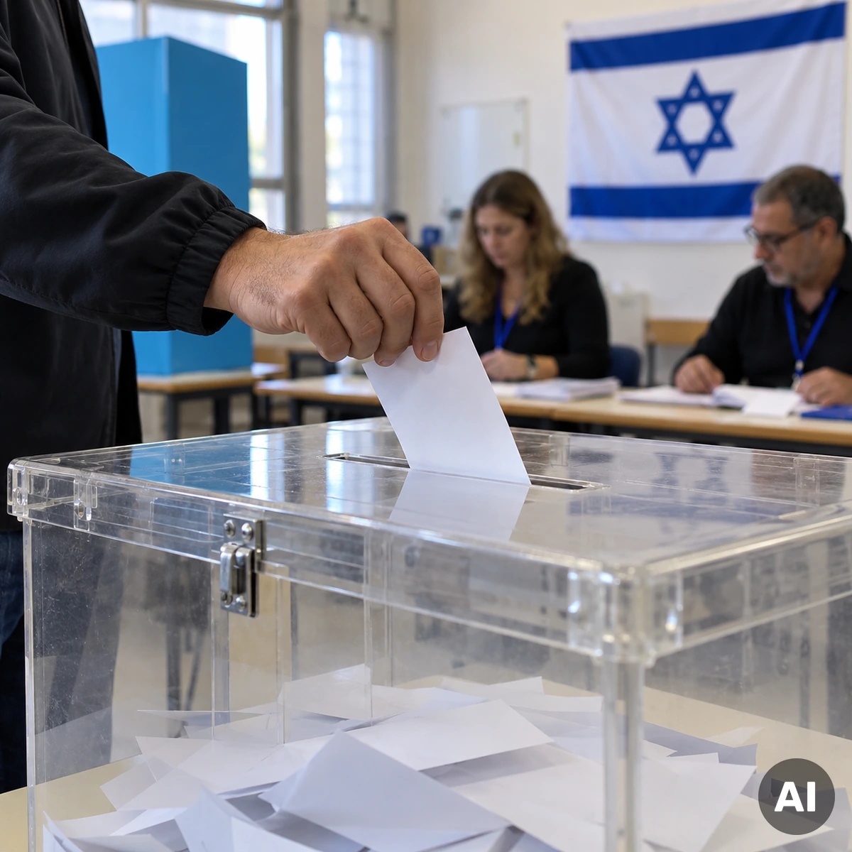Symbolische Darstellung der israelischen Parlamentswahl 2026 mit israelischen Flaggen vor dem Parlamentsgebäude in Jerusalem