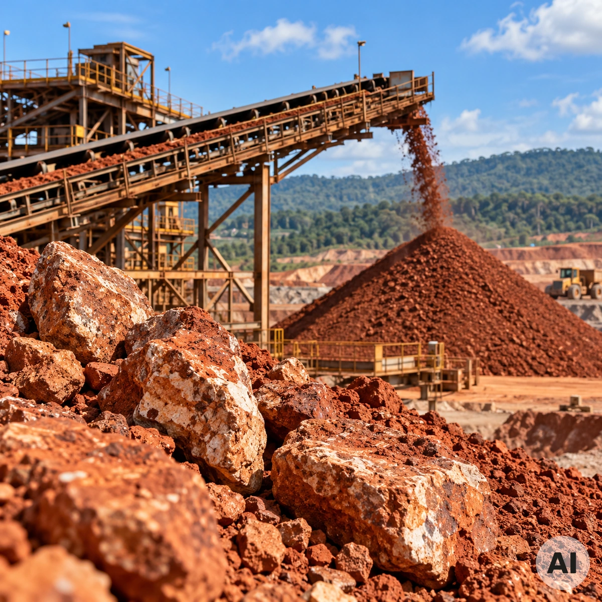 Bauxiterz in einer Mine in Guinea mit Förderband und Verladebereich
