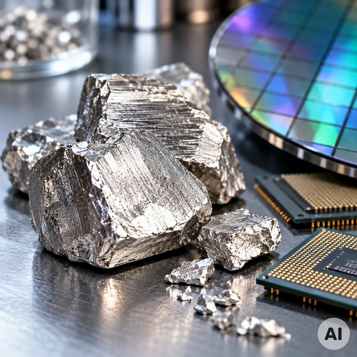 Indium als Industriemetall für Halbleiter und moderne Elektronik Silbrig glänzende Indium-Metallstücke neben elektronischen Halbleiterbauteilen auf einer neutralen Arbeitsfläche