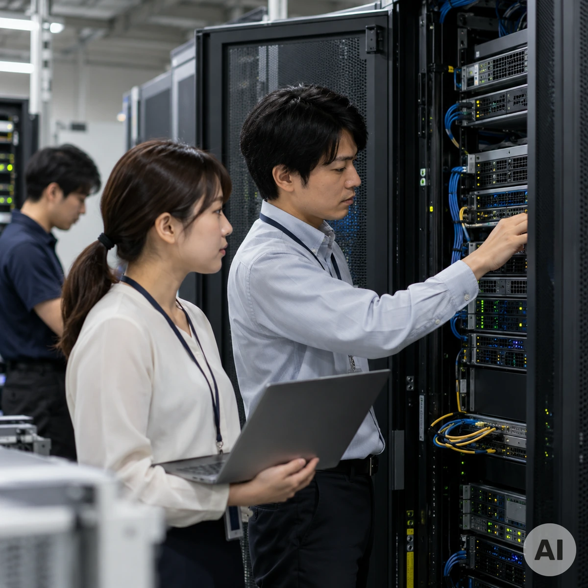 Cyberangriffe in Japan 2026 – Sicherheitsrisiken für Unternehmensdaten und Rechenzentren Serverracks und Netzwerkverkabelung in einem Rechenzentrum als Symbol für Cyberangriffe auf japanische Unternehmen und digitale Infrastruktur