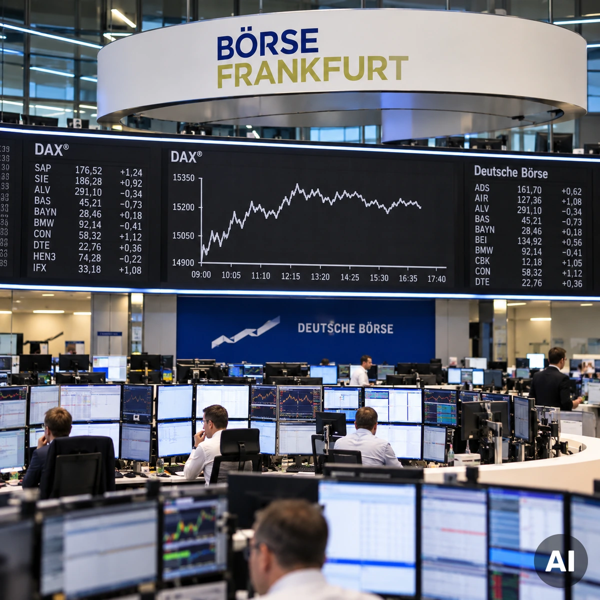 Blick auf den Handelssaal einer modernen asiatischen Wertpapierbörse mit Arbeitsplätzen und Börsenhändlern
