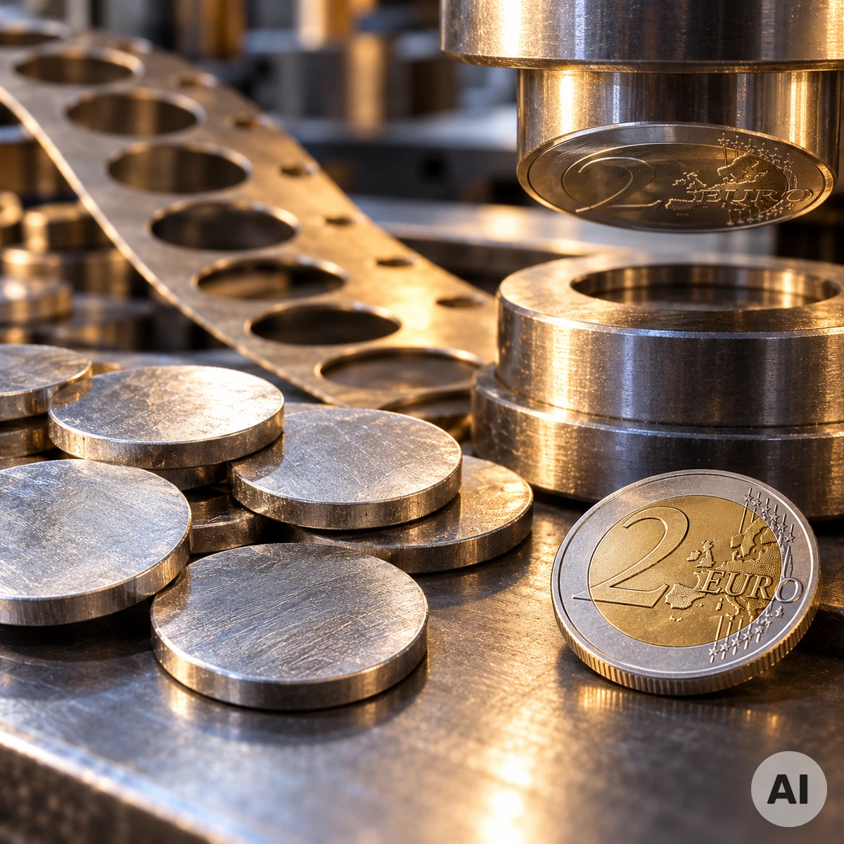 Ungeprägte Metallronden neben einer fertig geprägten Münze auf einer Werkbank Ungeprägte Metallronden neben einer fertig geprägten Münze auf einer Werkbank