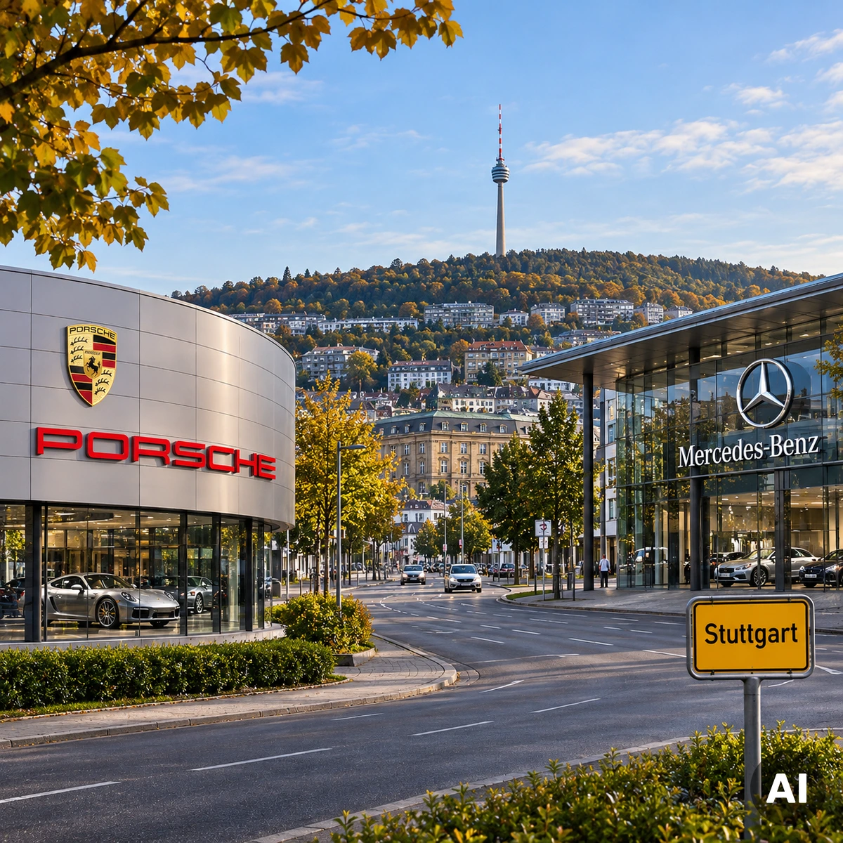 Porsche und Mercedes-Benz kämpfen mit Absatzproblemen und sinkenden Gewinnerwartungen Mercedes-Benz und Porsche als Symbol für die wirtschaftlichen Schwierigkeiten deutscher Premium-Automobilhersteller