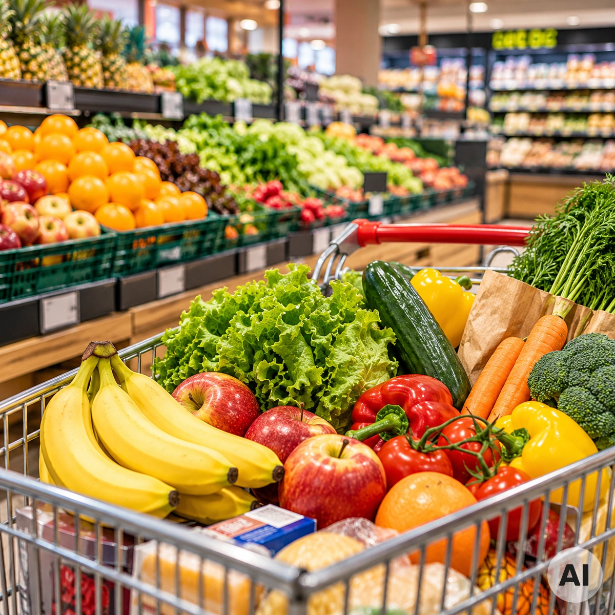 Einkaufswagen mit Lebensmitteln und Haushaltsprodukten in einem sachlich beleuchteten Supermarkt als Symbol für mögliche Preiserhöhungen bei Lebensmitteln 2027