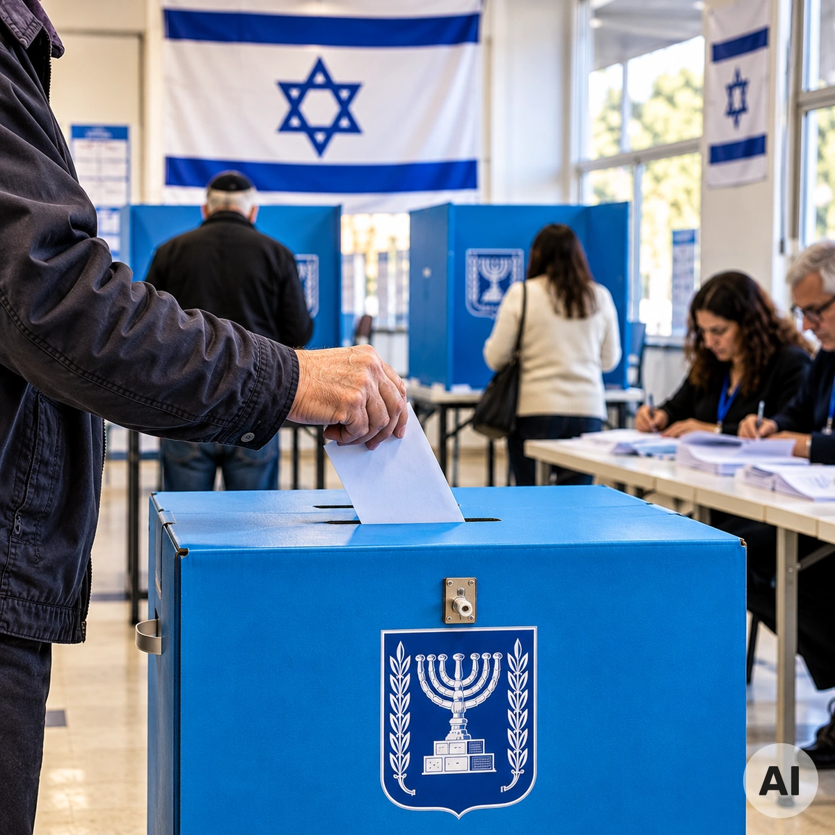 Wahllokal in Israel mit Wahlurne und Stimmabgabe während der Parlamentswahl 2026