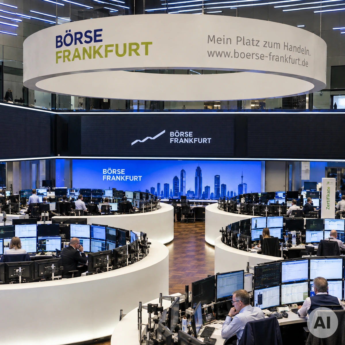 Börsenhandel in Frankfurt am Main mit Blick auf den Handelsraum und die Arbeitsplätze der Marktteilnehmer