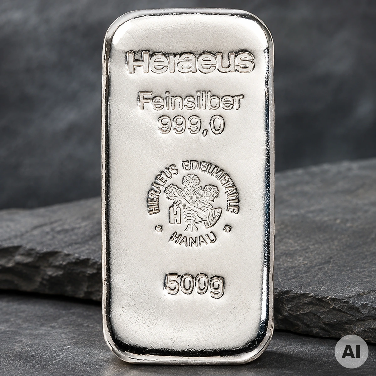 500 g Heraeus Silberbarren – gegossenes Feinsilber 999,9 500 g Silberbarren von Heraeus aus Feinsilber 999,9 in gegossener rechteckiger Ausführung