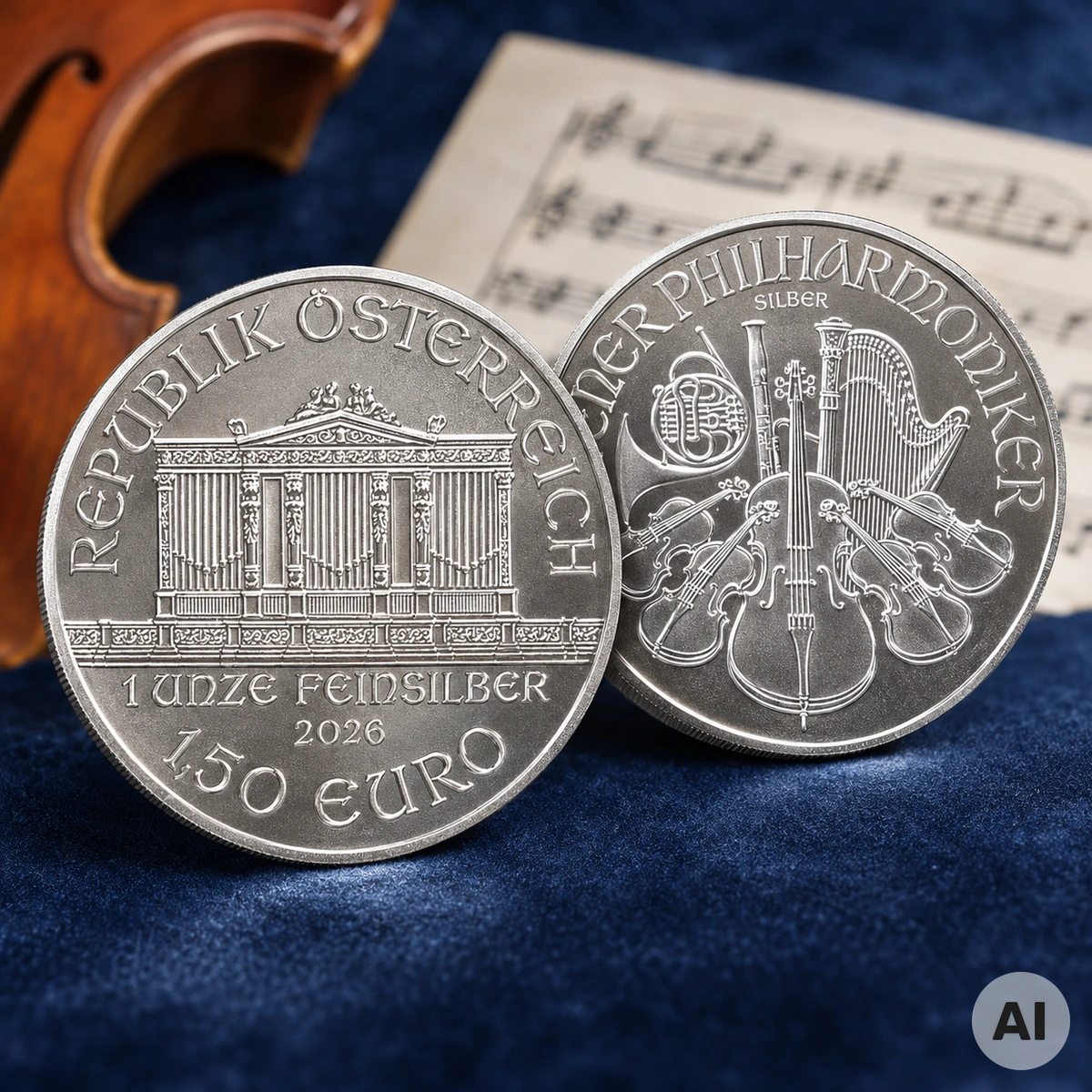 1 oz Wiener Philharmoniker Silber 2026 mit Orgelmotiv und klassischen Musikinstrumenten auf den beiden Münzseiten