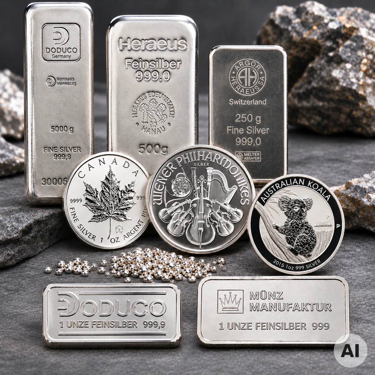 Silber – Eigenschaften, Vorkommen und Verwendung des Edelmetalls Silber als Edelmetall und Industriemetall mit Feinsilberbarren, Silbergranulat und metallischen Oberflächen