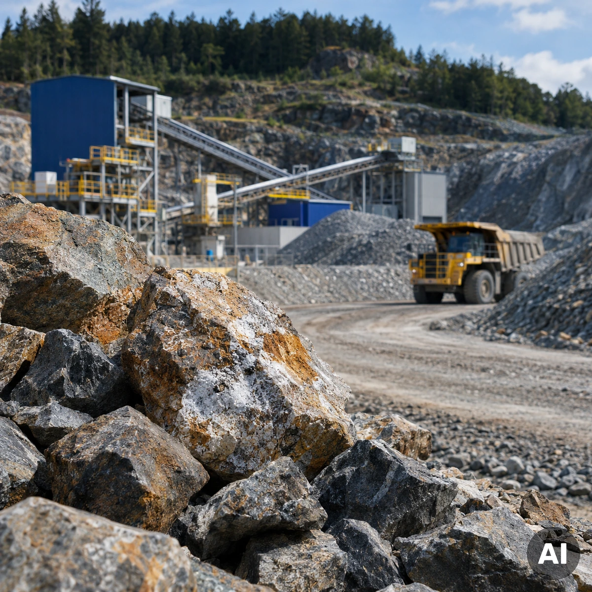 Industrielle Aufbereitungsanlage für kritische Rohstoffe mit Fördertechnik und mineralischem Ausgangsmaterial als Symbol europäischer Rohstoffinvestitionen
