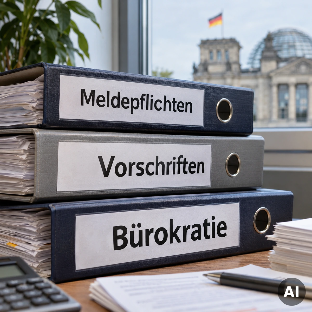 Aktenordner und umfangreiche Verwaltungsunterlagen auf einem Schreibtisch als Symbol für Bürokratiebelastung deutscher Unternehmen
