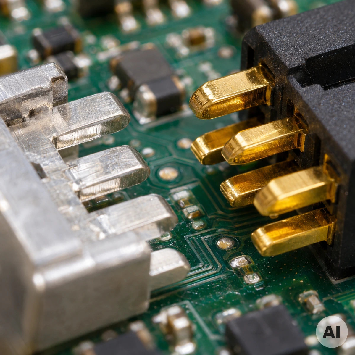Silberne elektrische Kontaktflächen und goldbeschichtete Steckkontakte auf einer Elektronikplatine als Vergleich der elektrischen Leitfähigkeit