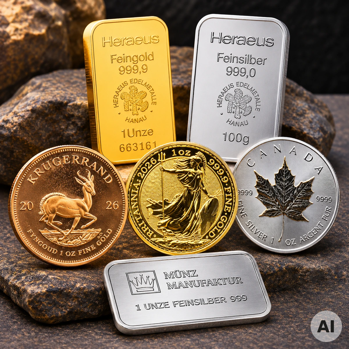 Gold kaufen – Anlagemünzen und Goldbarren im direkten Vergleich Goldmünzen und Goldbarren in verschiedenen Stückelungen als Vergleich für den physischen Goldkauf