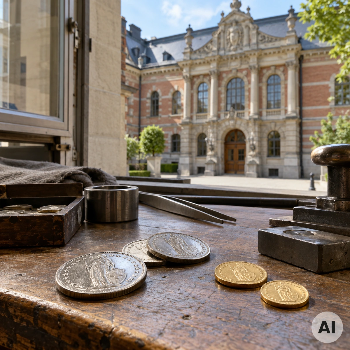 Schweizer Münzstätte Swissmint in Bern mit Gold- und Silbermünzen auf einer Werkbank