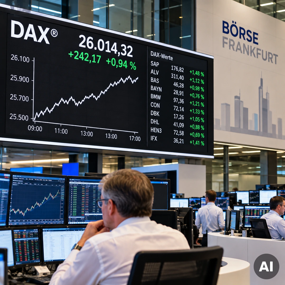 Börsenhandel an der Frankfurter Wertpapierbörse mit Blick auf das Handelsgeschehen und die Finanzmärkte