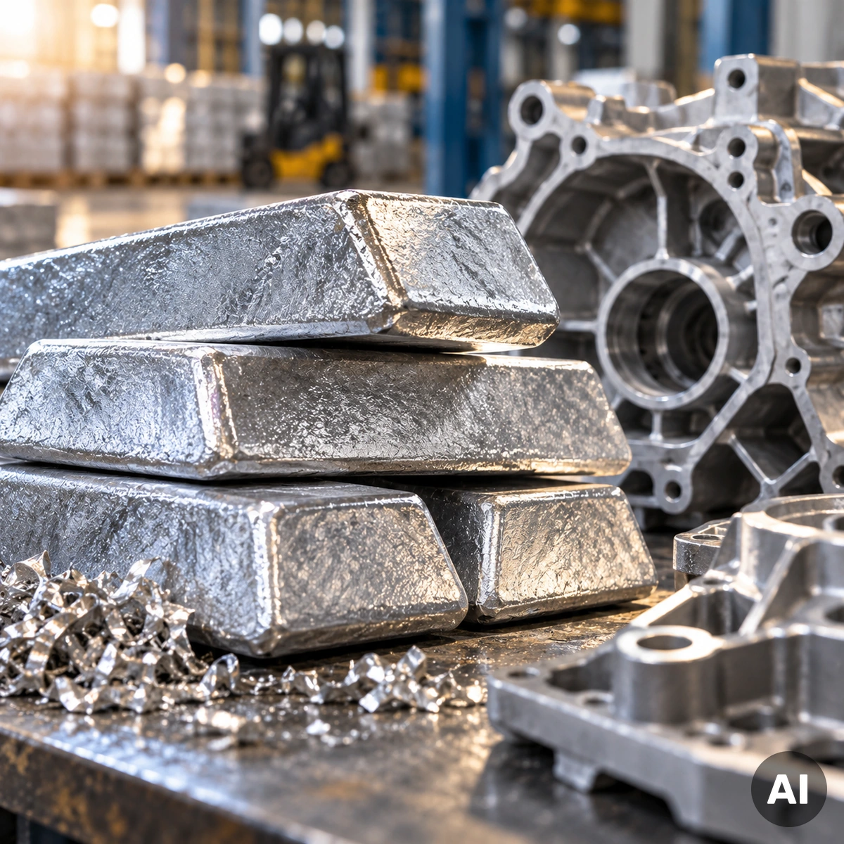 Silbergraue Magnesiumbarren und ein industrielles Leichtmetall-Gussteil auf einer Werkbank Silbergraue Magnesiumbarren und ein industrielles Leichtmetall-Gussteil auf einer Werkbank