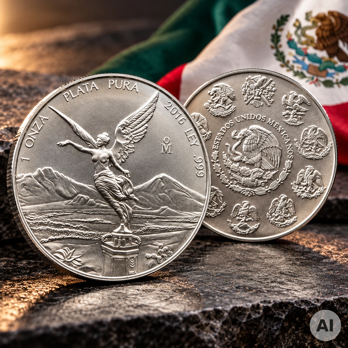 1 oz Libertad Silber 2016 – Mexikanische Silbermünze mit Victoria und Vulkanlandschaft Mexikanische 1 oz Libertad Silbermünze 2016 mit geflügelter Siegesgöttin Victoria und den Vulkanen Popocatépetl und Iztaccíhuatl