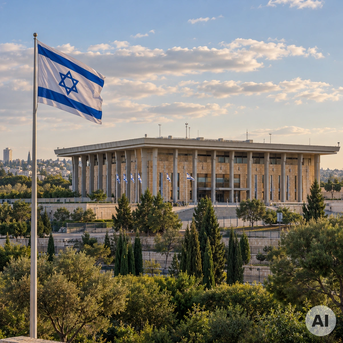 Israelische Nationalflagge und Parlamentsgebäude der Knesset in Jerusalem als Symbol der Israel-Wahl 2026