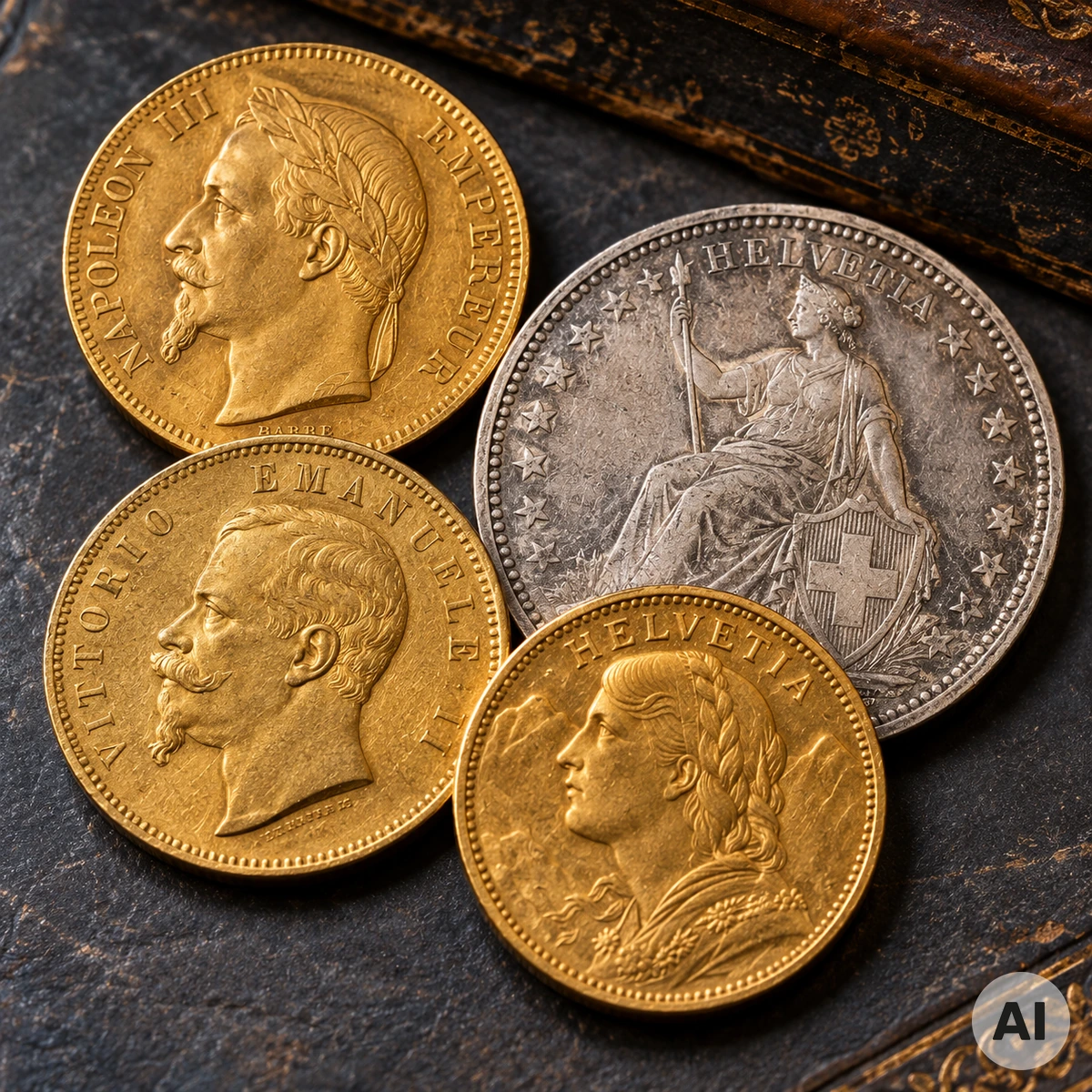 Historische europäische Gold- und Silbermünzen aus der Zeit der Lateinischen Münzunion mit unterschiedlichen nationalen Prägungen