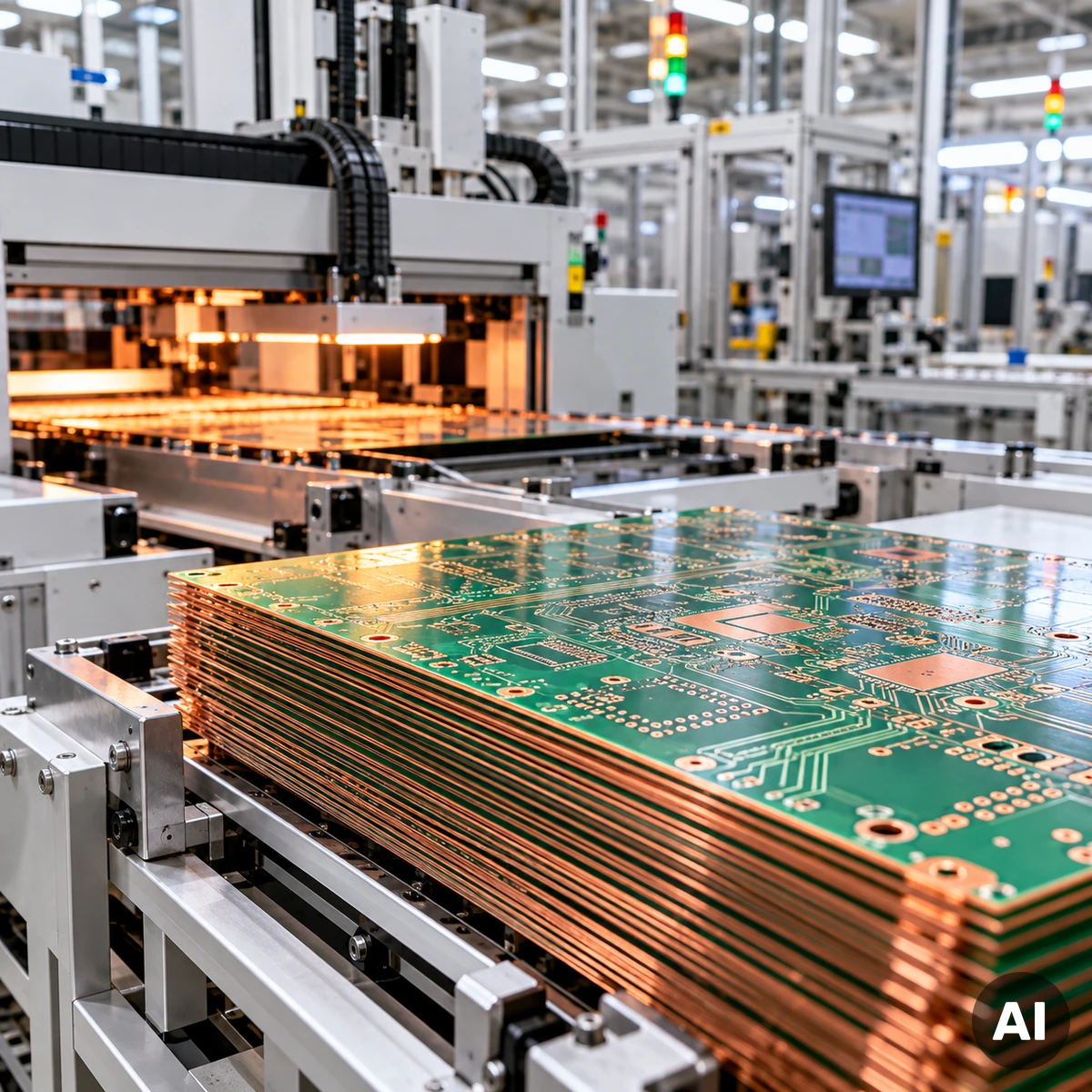 Moderne industrielle Leiterplattenfertigung mit kupferbeschichteten Platinen und Präzisionsanlagen als Symbol für die Unimicron-Werksschließung in Geldern