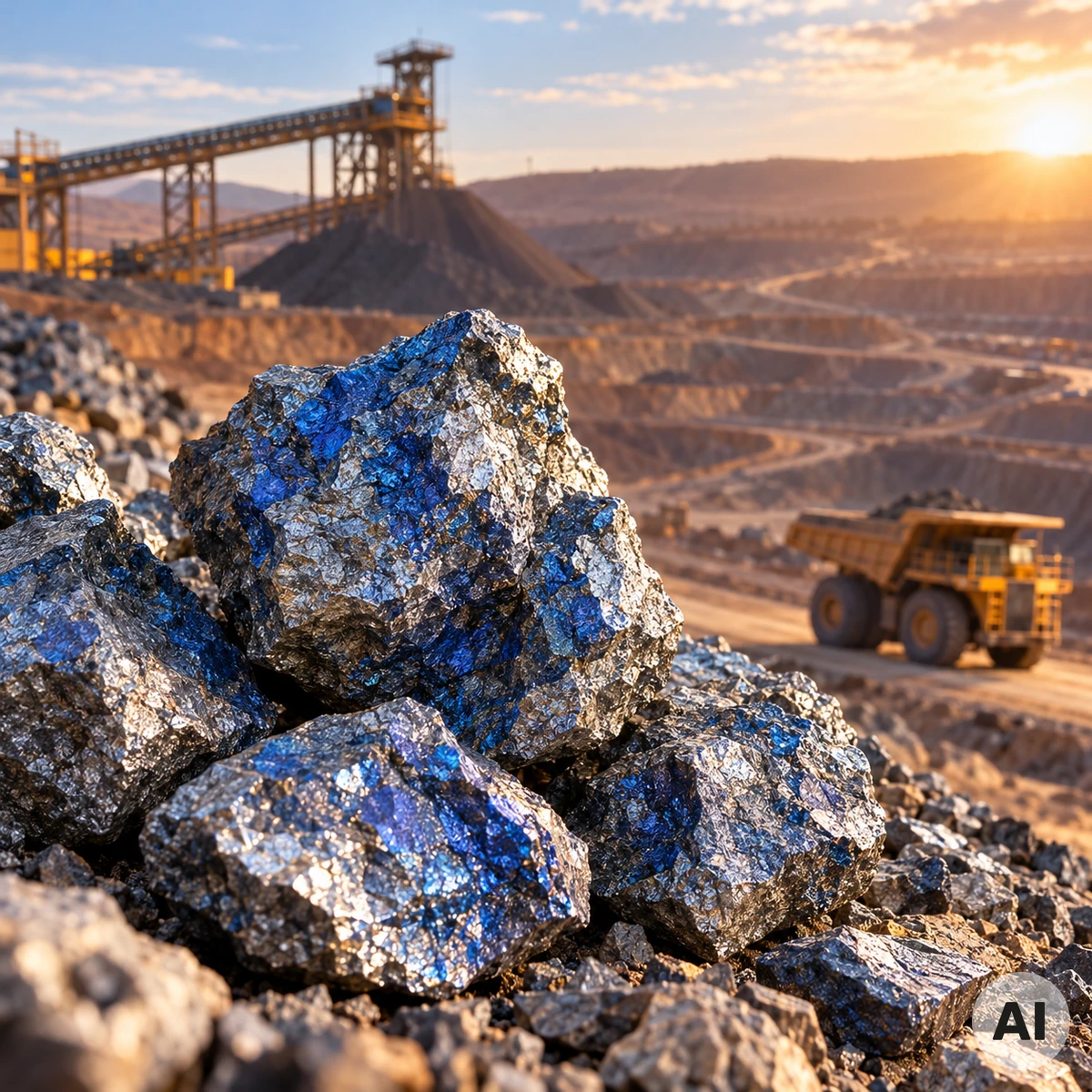 Kobaltpreis 2026 und die Exportquoten der Demokratischen Republik Kongo Kobalt als strategischer Industrirohstoff mit metallischen Rohstoffstücken und industriellem Förderumfeld