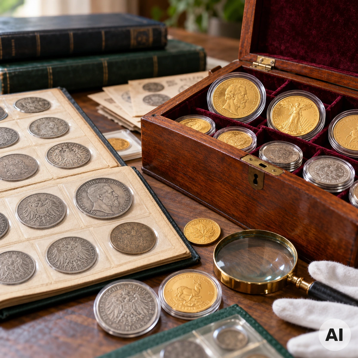 Geerbte Münzsammlung mit historischen Gold- und Silbermünzen in alten Münzalben und einer geöffneten Holzkassette