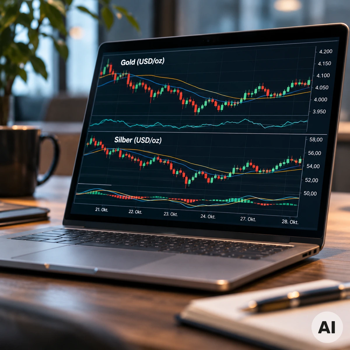 Goldbarren und Silbermünzen als Symbol für die technische Analyse der Edelmetallmärkte am 30. Oktober 2026