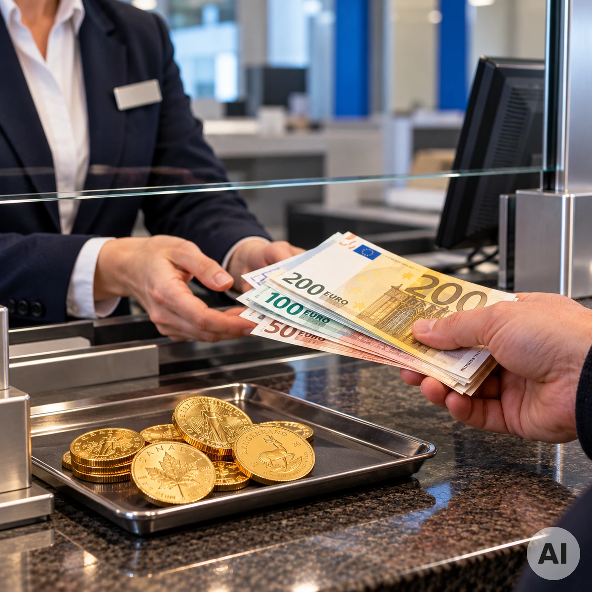 Goldmünzen und Goldbarren auf einem Holztisch neben Euro-Banknoten als Symbol für die EU-Bargeldobergrenze beim Goldkauf