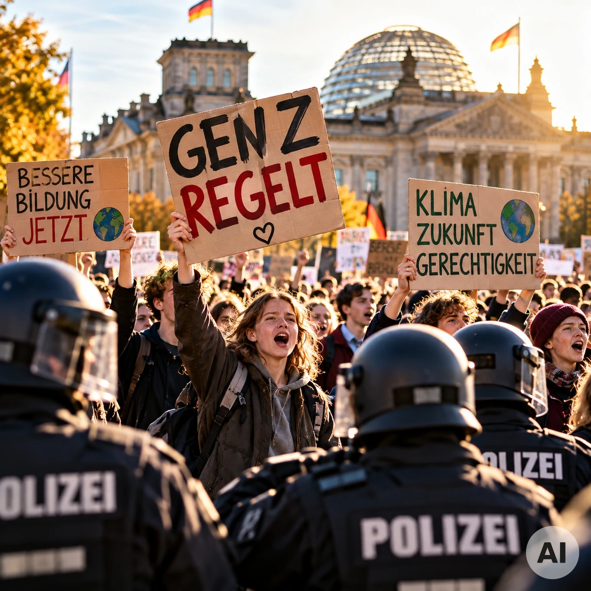 Polizeibeamte sichern eine friedliche Jugenddemonstration in einer deutschen Innenstadt