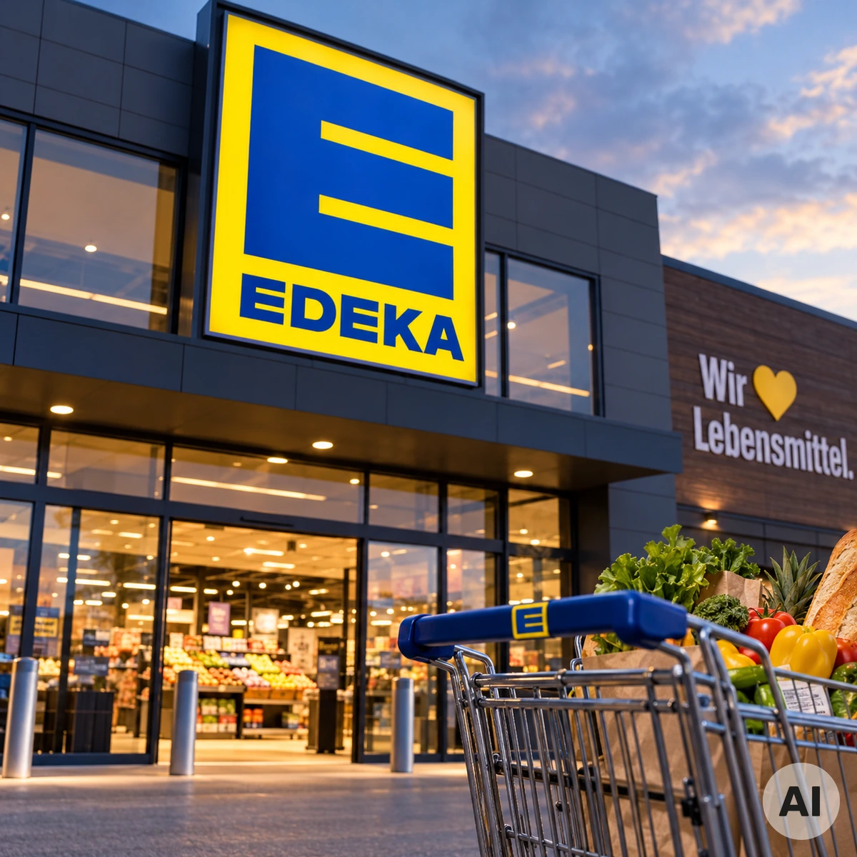 Edeka-Supermarkt mit Einkaufswagen als Symbol für den zunehmenden Wettbewerbsdruck im deutschen Lebensmittelhandel