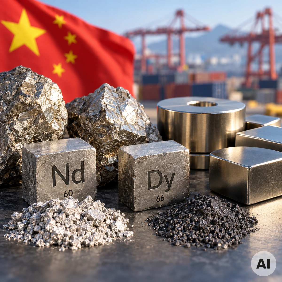 Metallische Hochleistungsmagnete und silbrig graue Rohstoffproben aus Neodym und Dysprosium auf einer industriellen Arbeitsfläche