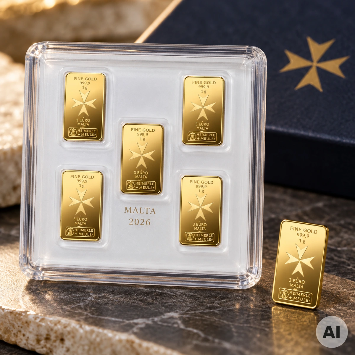 Malta CoinBar Box 2026 von Heimerle und Meule mit fünf einzeln entnehmbaren Goldmünzbarren zu je einem Gramm Feingold