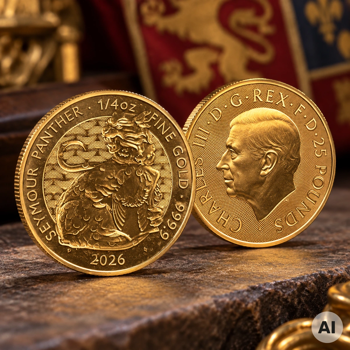 1/4 oz Gold Tudor Beasts Seymour Panther 2026 mit heraldischem Panther und Wappenschild der Familie Seymour