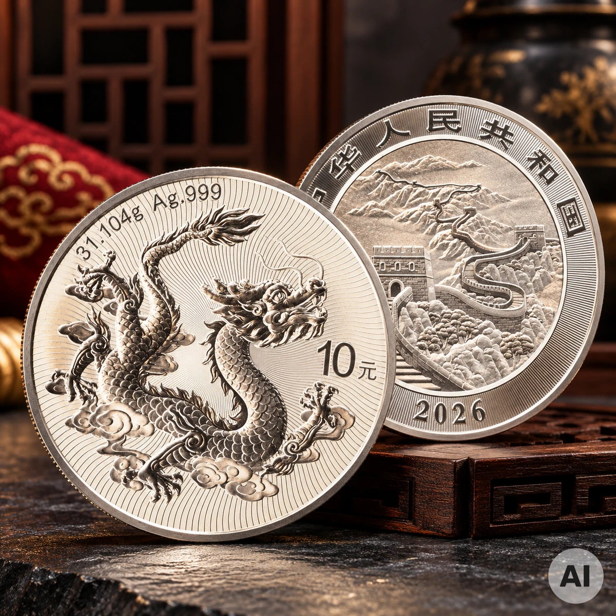 1 oz Silber China Drache 2026 mit chinesischem Drachen auf der Motivseite und der Großen Mauer auf der Gegenseite